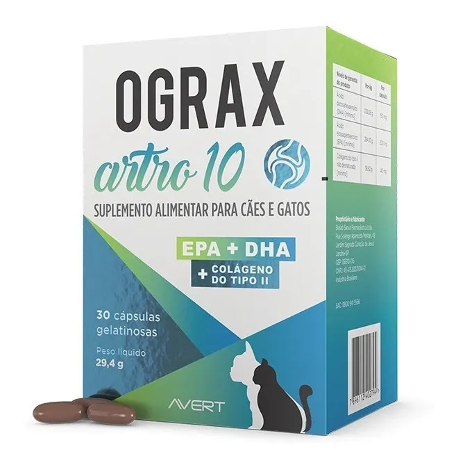 Ograx Artro 10 Avert 30 Cápsulas Colágeno Ômega 3 Cães e Gatos